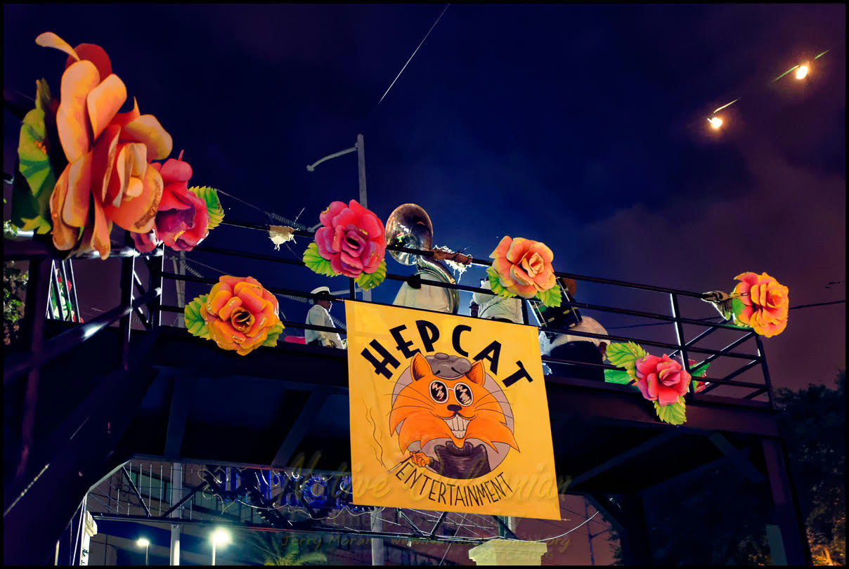 Hep Cat Entertainment banner overlooking a live New Orleans music event