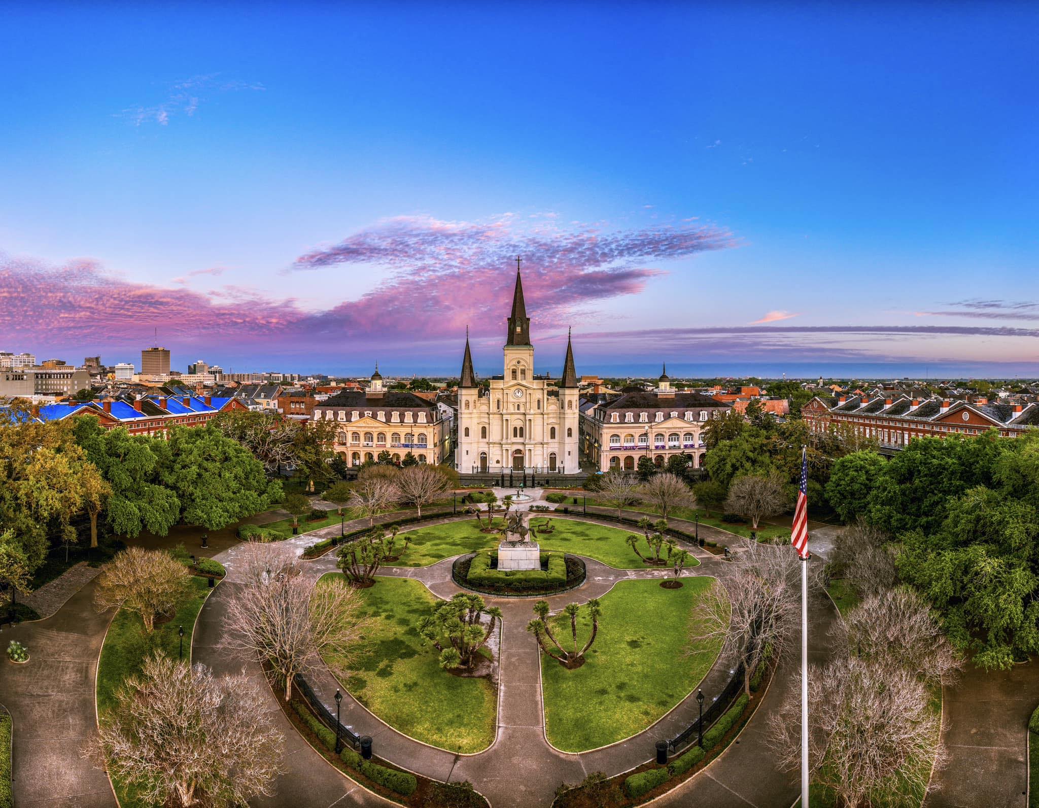 Aerial view of Jackson Square and St. Louis Cathedral in New Orleans
