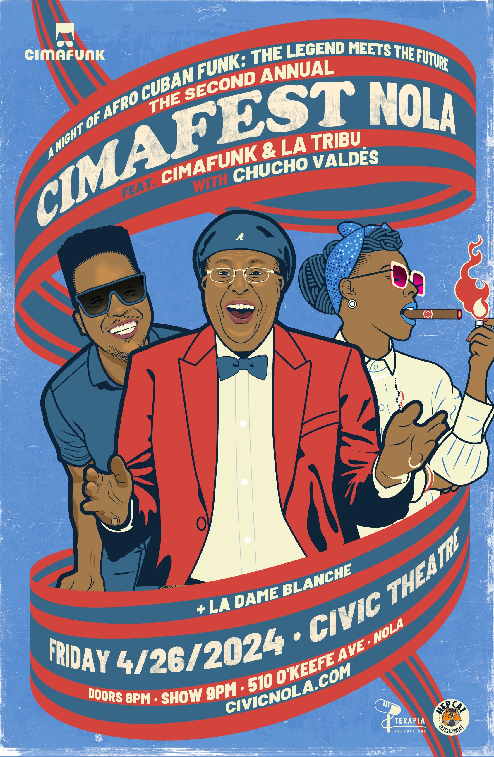 2024 Cimafest NOLA poster featuring Cimafunk, Chucho Valdés and La Dame Blanche
